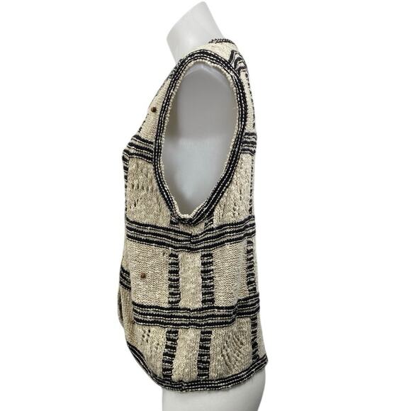 Liz Claiborne Liz & Co Beige Black Linen Windowpane Sleeveless Cardigan Vest MP - Picture 2 of 4